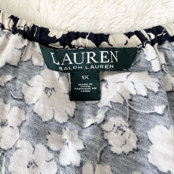 Lauren Ralph Lauren Blouse Women’s 1X Floral Peasant Navy Blue Top 3/4 Sleeve - Picture 5 of 8